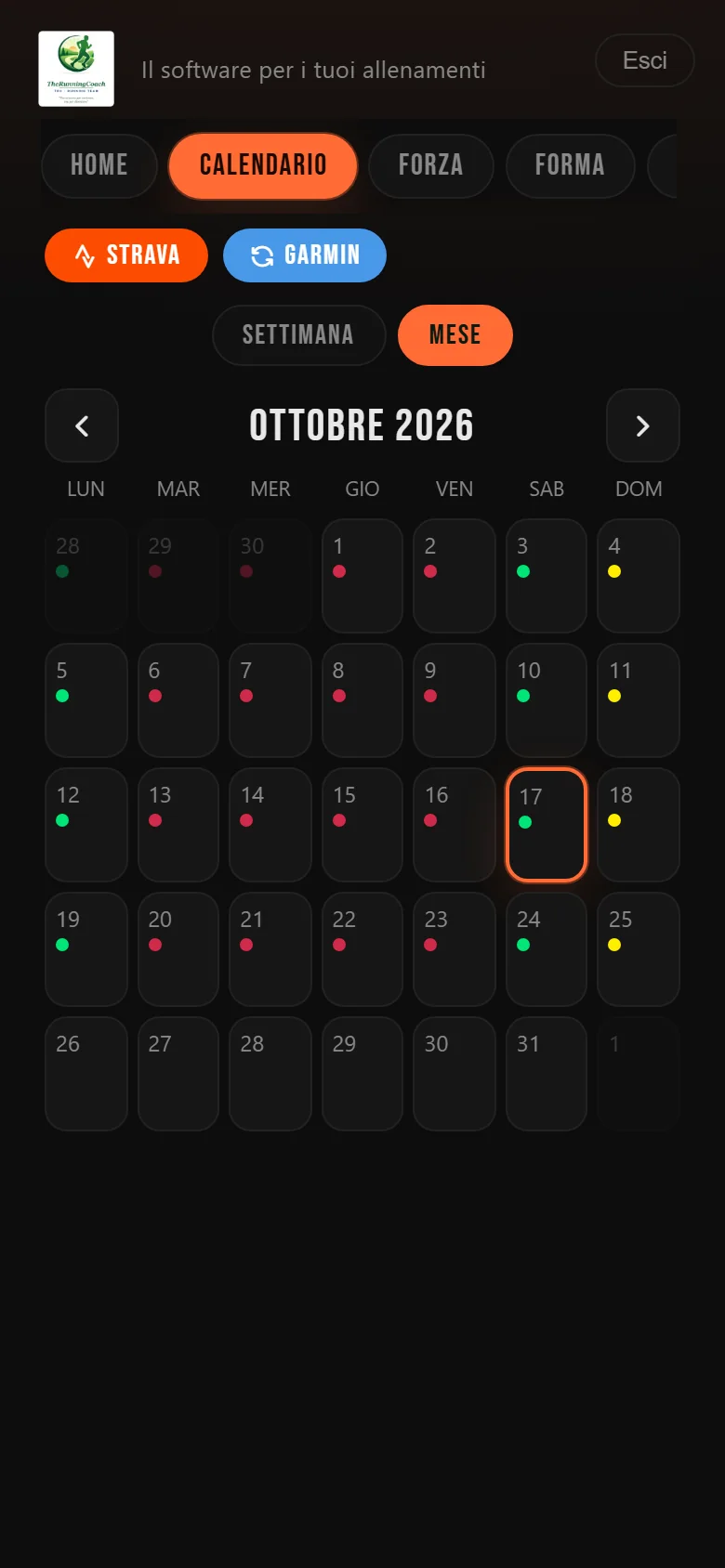 Vista mensile del calendario dell'atleta (dati fittizi)