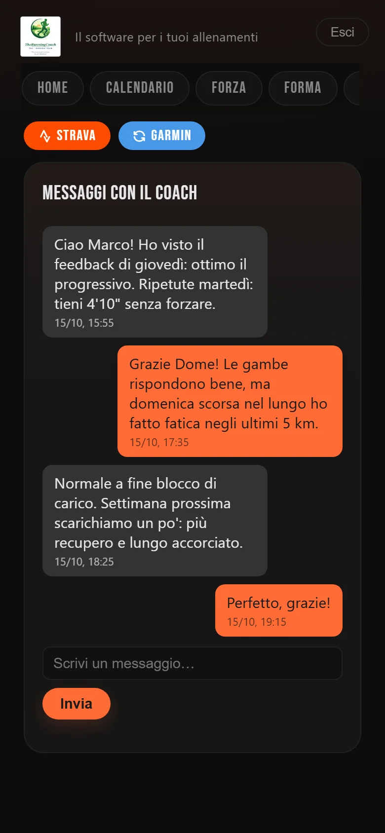 Messaggi tra atleta e coach (dati fittizi)