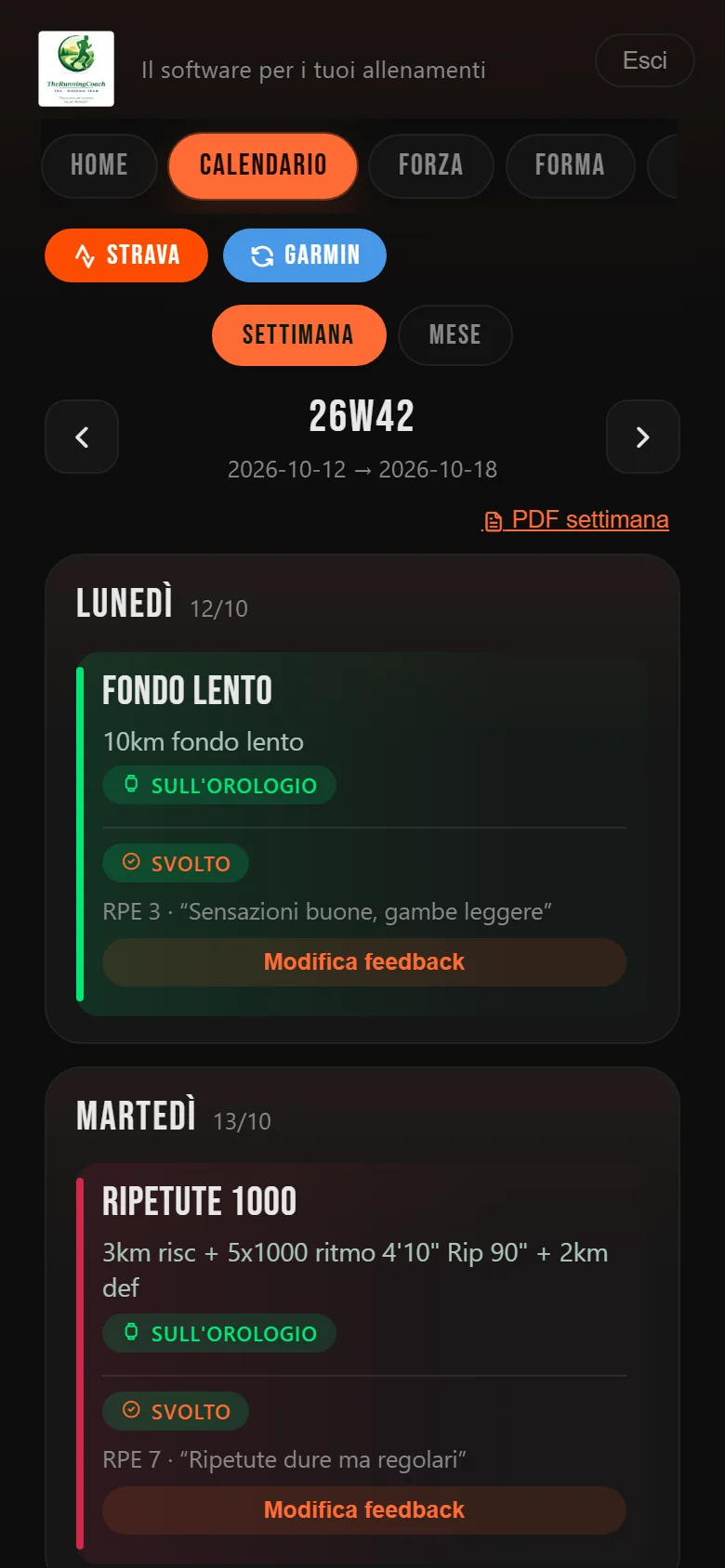 Calendario settimanale con feedback (dati fittizi)